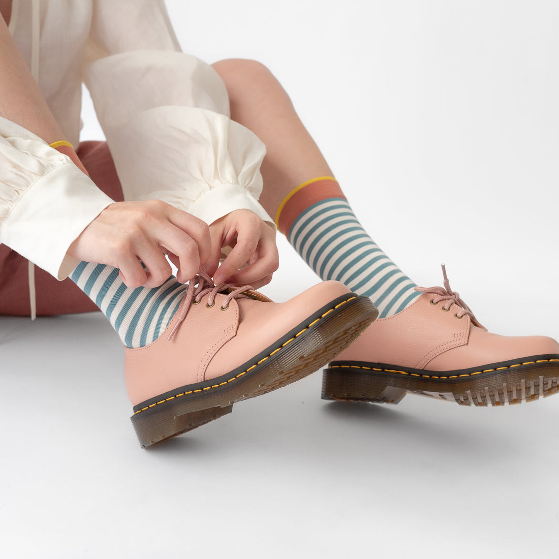 Bonne Maison blue and white stripe socks with yellow toe.