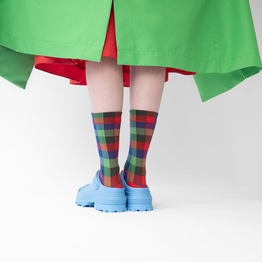 Bonne Maison cotton multico check socks in carnation.