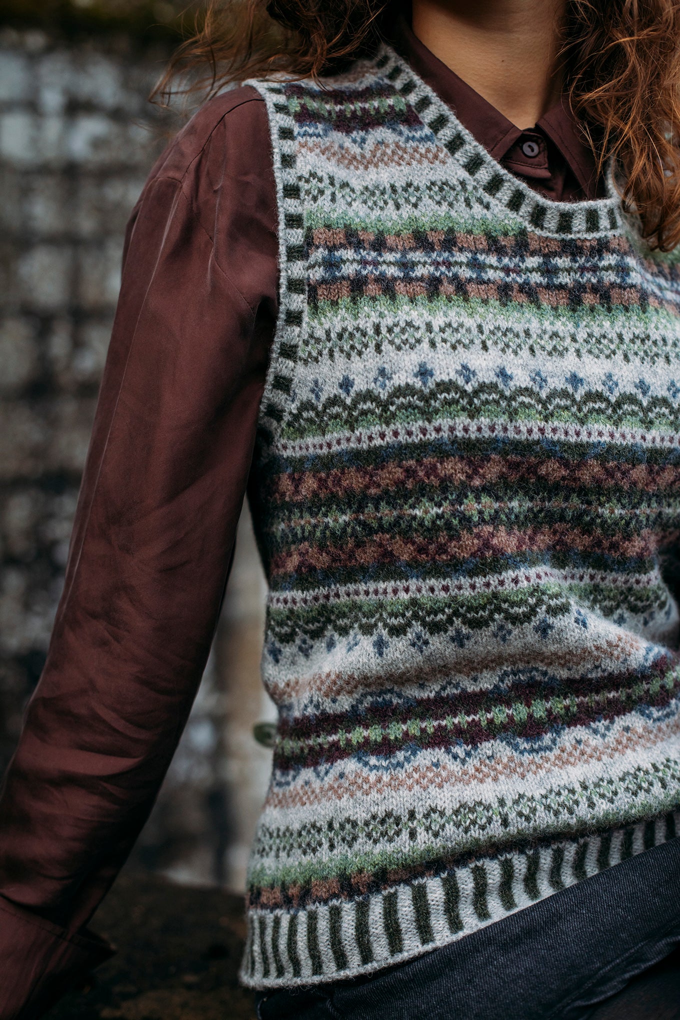 Eribe Westray fairisle vest in Glencoe.