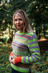 Eribe Stobo lambswool reversible stripe and fairisle sweater in Luscious lime, lavender and orange.