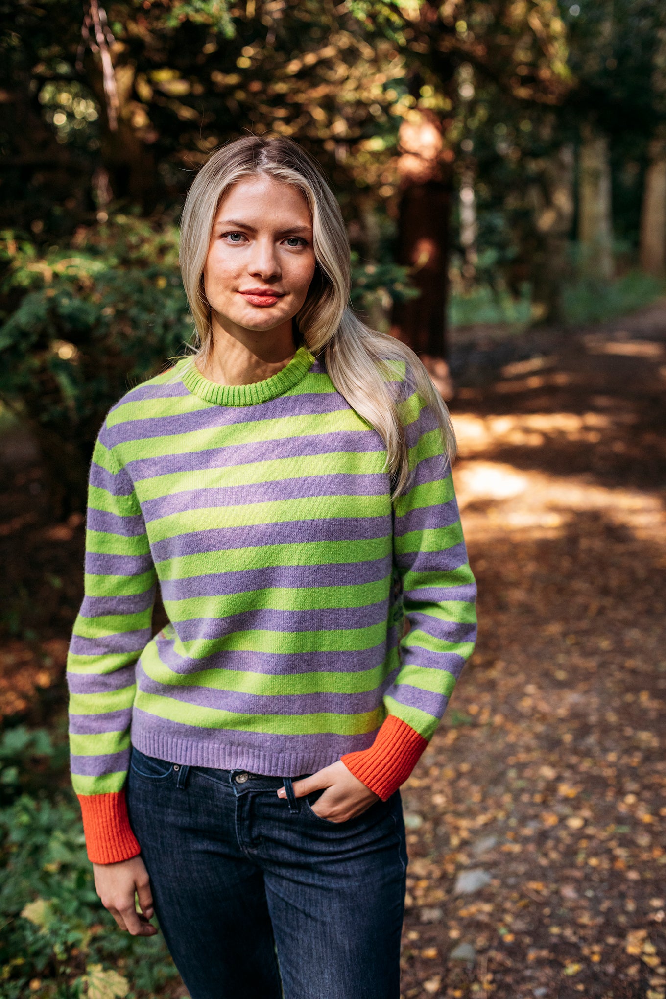 Eribe Stobo lambswool reversible stripe and fairisle sweater in Luscious lime, lavender and orange.