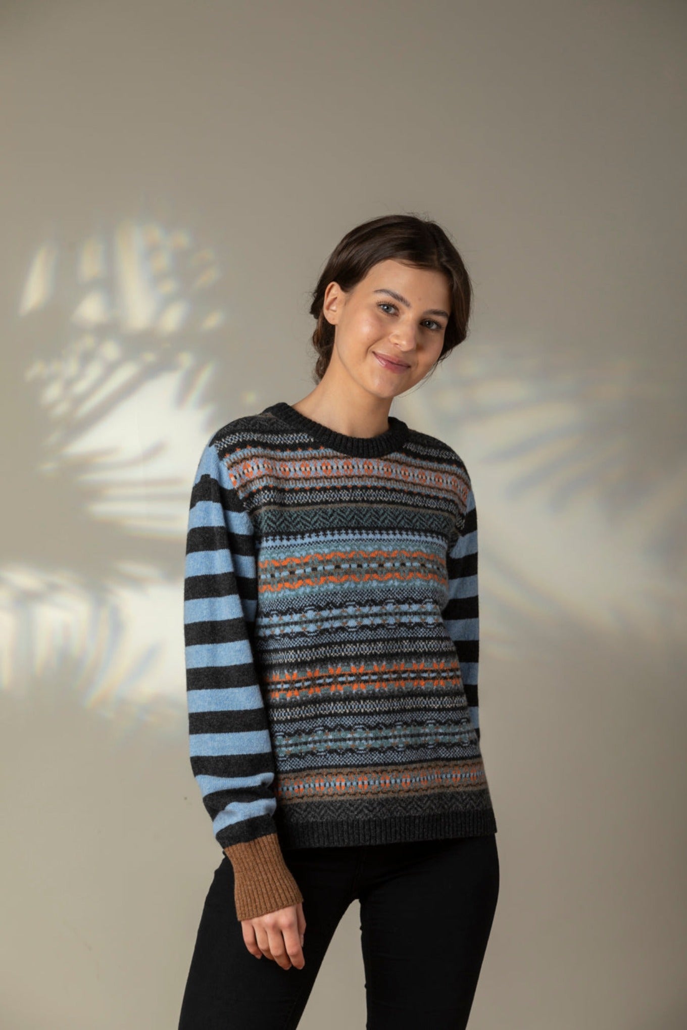 Eribe Stobo reversible fairisle and stripe sweater in soft lambswool, Phoebe navy and blue with tan and orange.