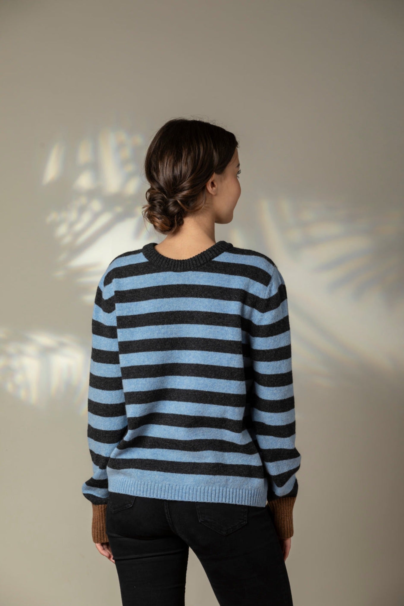Eribe Stobo reversible fairisle and stripe sweater in soft lambswool, Phoebe navy and blue with tan and orange.