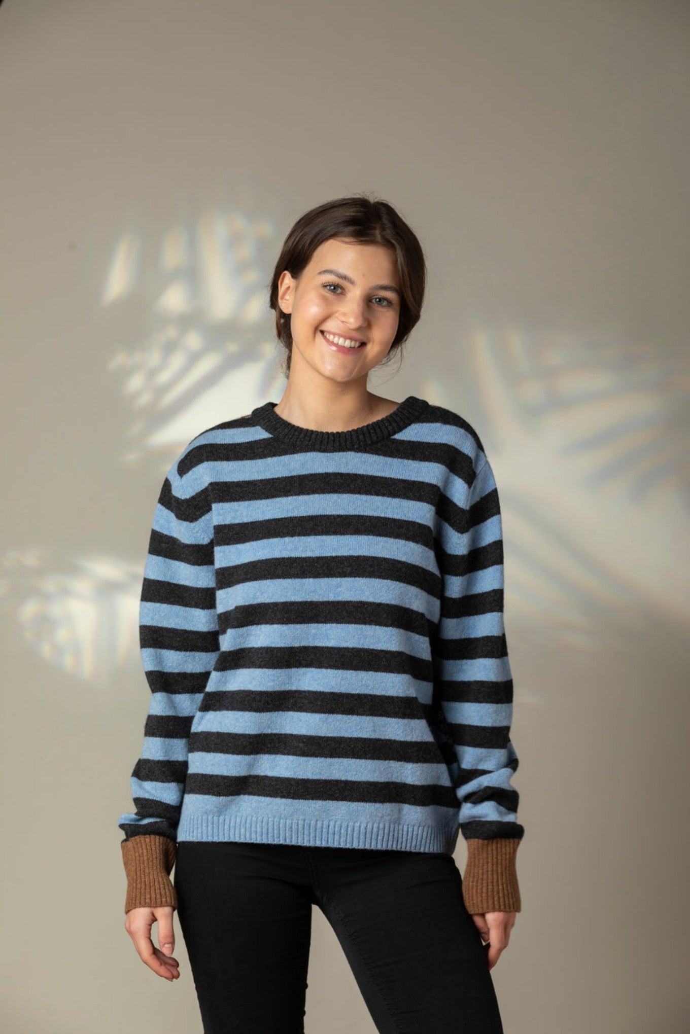 Eribe Stobo reversible fairisle and stripe sweater in soft lambswool, Phoebe navy and blue with tan and orange.
