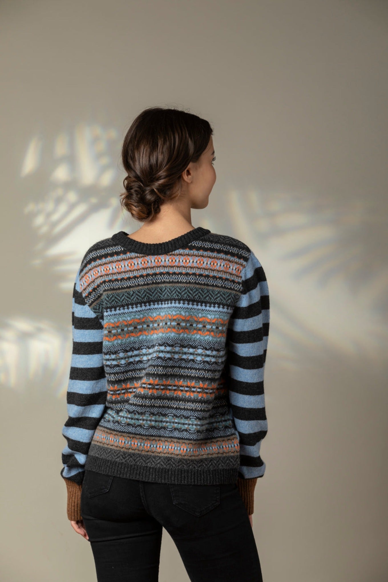 Eribe Stobo reversible fairisle and stripe sweater in soft lambswool, Phoebe navy and blue with tan and orange.