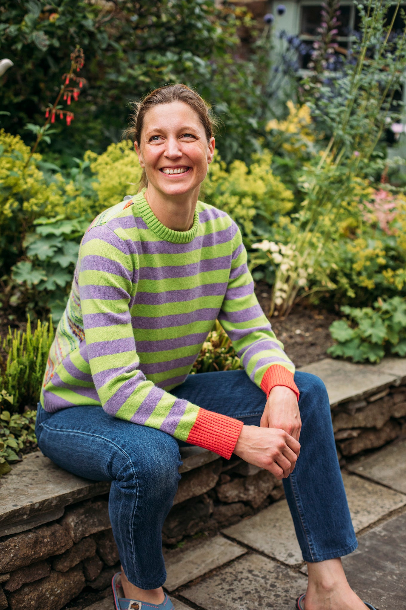 Eribe Stobo lambswool reversible stripe and fairisle sweater in Luscious lime, lavender and orange.