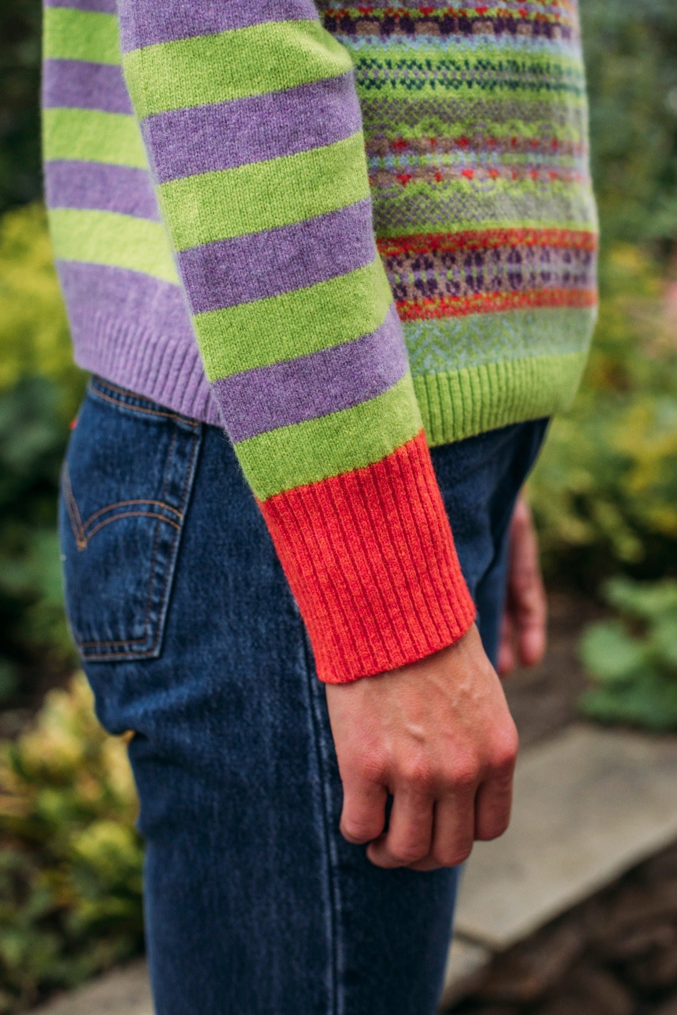 Eribe Stobo lambswool reversible stripe and fairisle sweater in Luscious lime, lavender and orange.