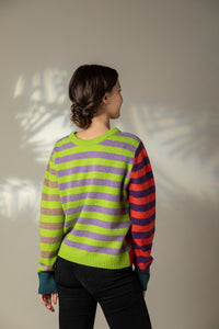 Eribe Stobo stripe reversible lambswool sweater in Luscious, lime and lavender and orange and purple and teal.