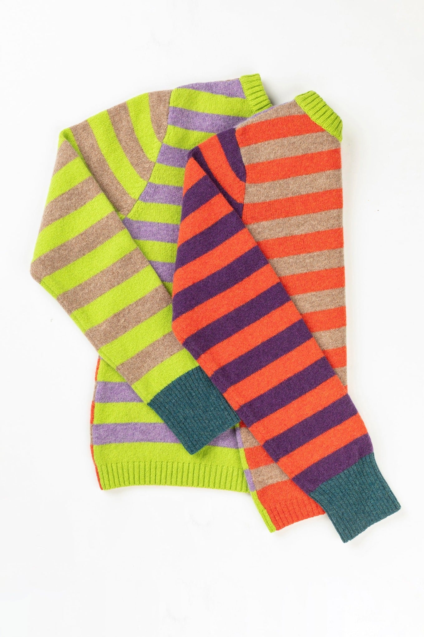 Eribe Stobo stripe reversible lambswool sweater in Luscious, lime and lavender and orange and purple and teal.