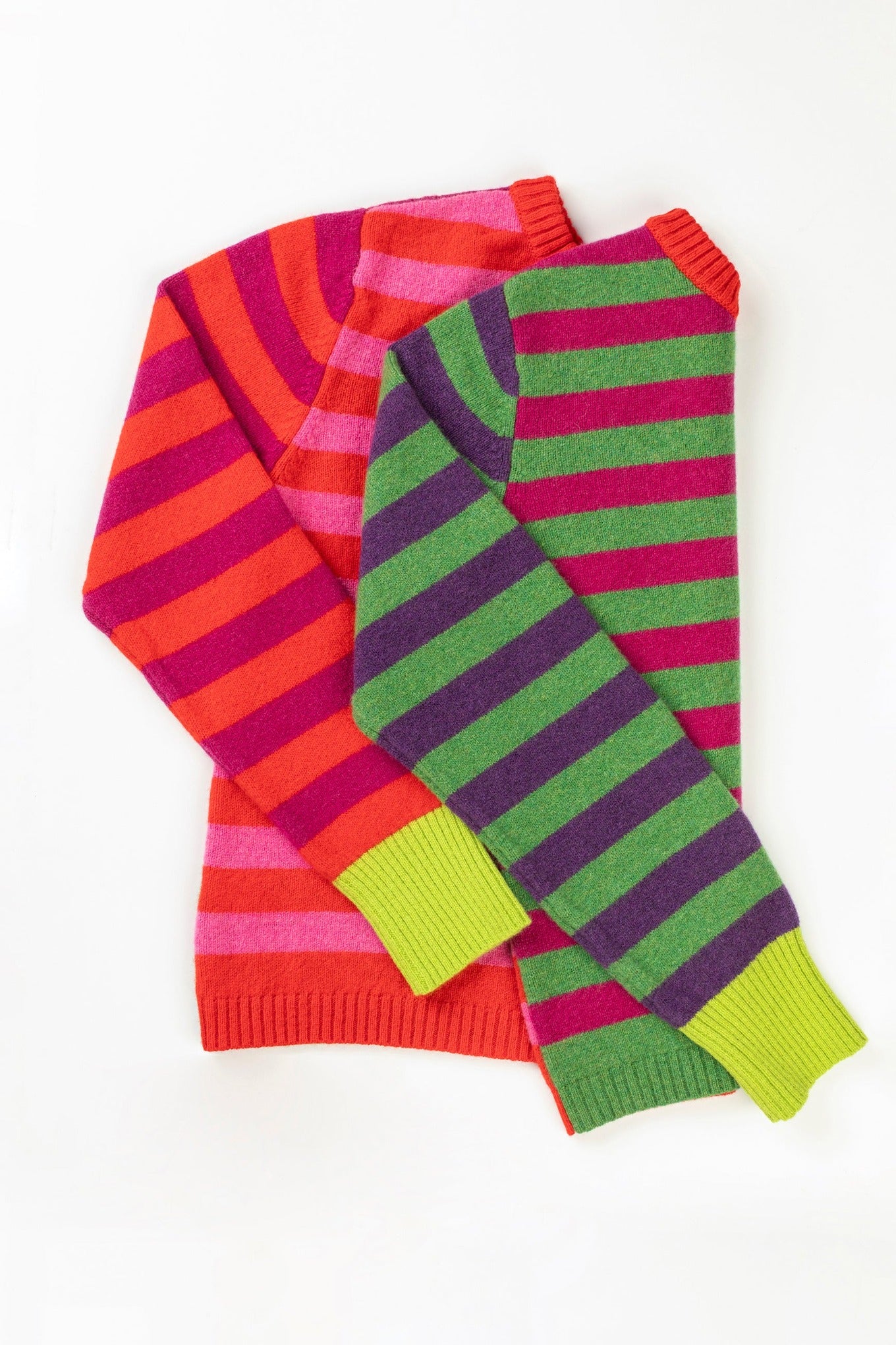 Eribe Stobo stripe reversible lambswool sweater in Rosa - pink and orange and red and purple anda green and fuchsia stripes.