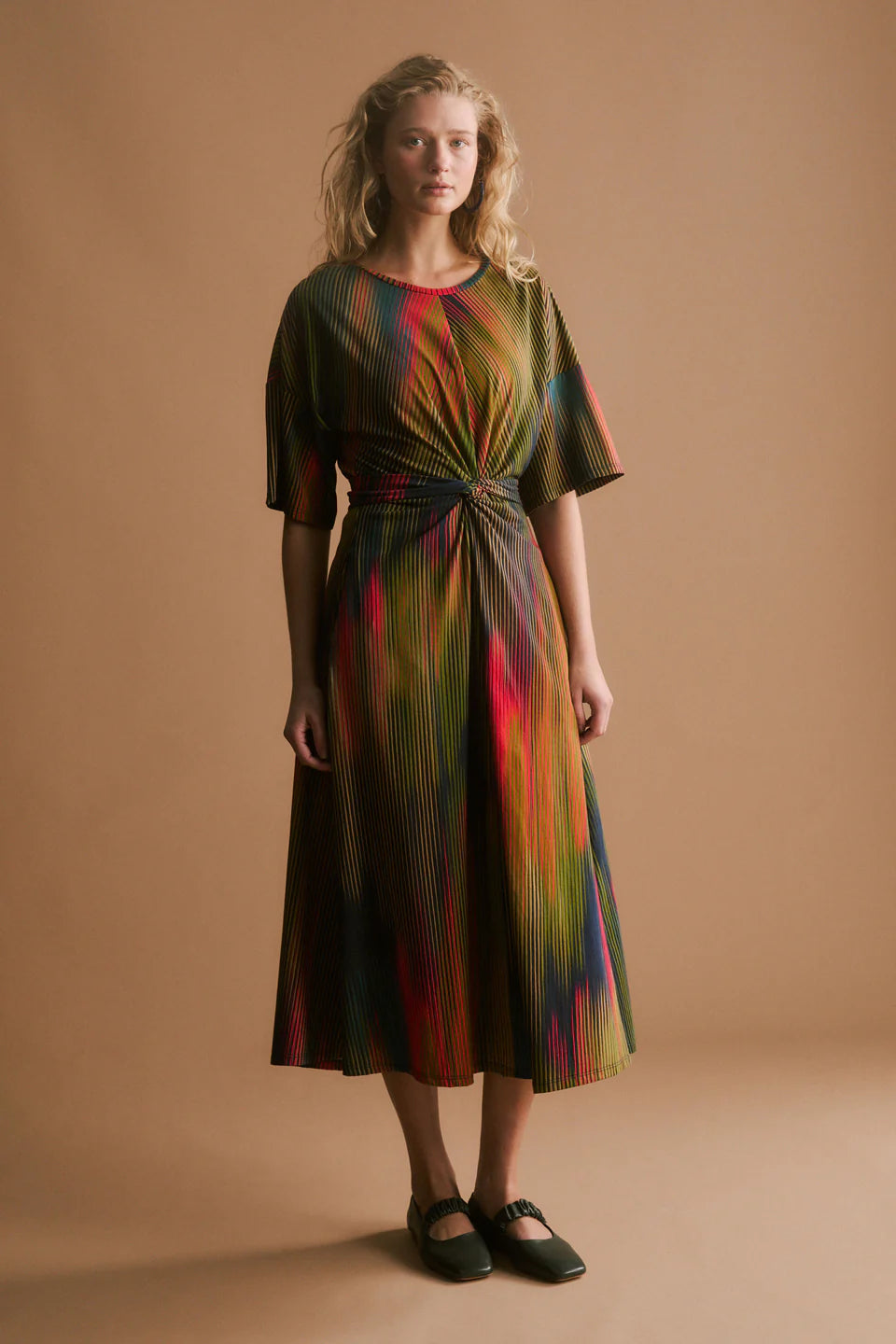 Elk Kihte T-shirt dress in multicolour stripe print organic cotton, tie waist.