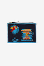 Load image into Gallery viewer, Inoui Editions embroidered pouch featuring the Iconique design, globe with parrot and stack of books on navy.