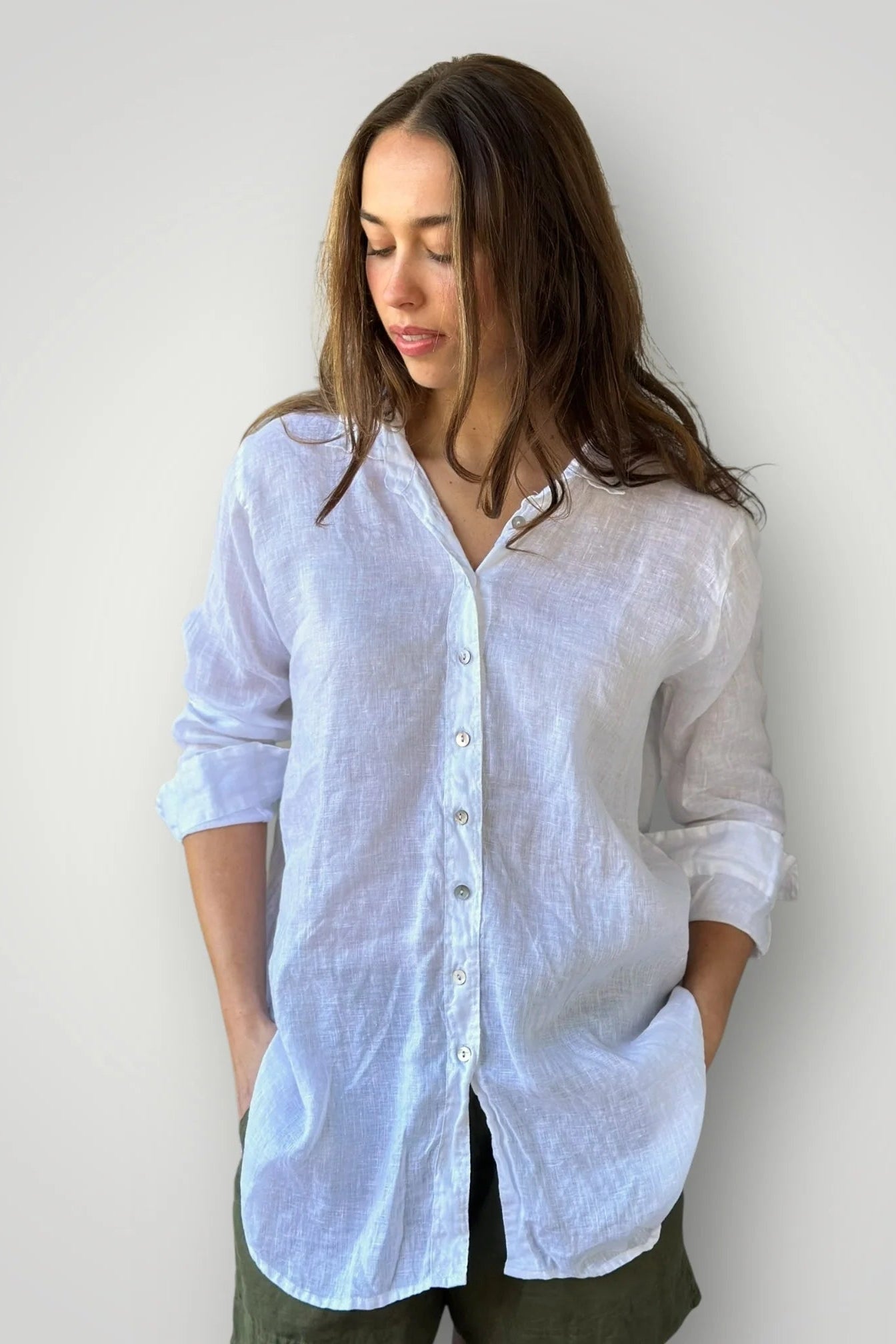 Frockk white linen button up Skyla shirt.