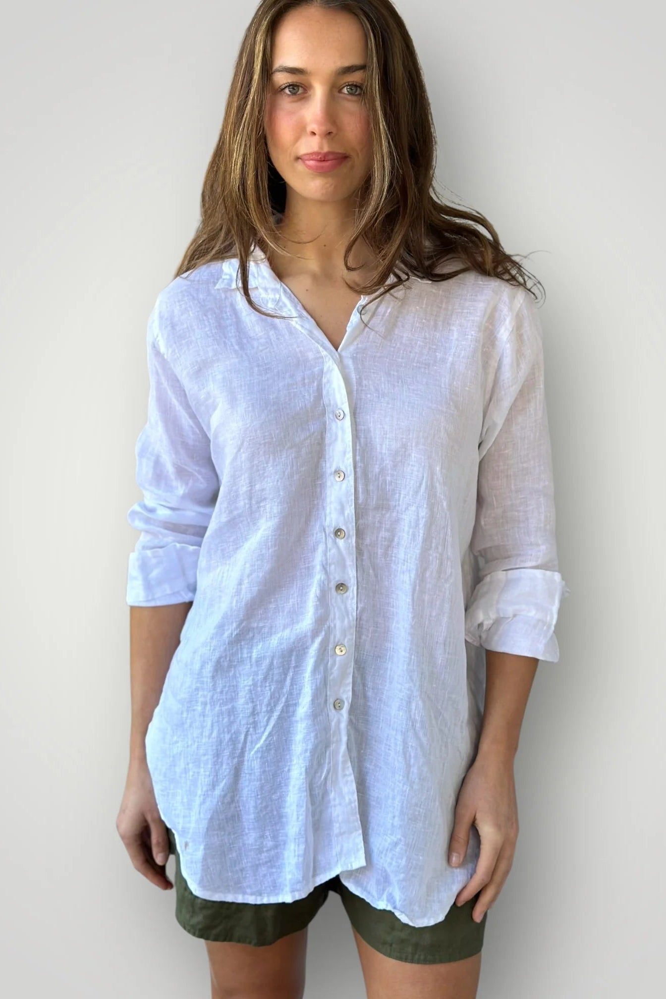 Frockk white linen button up Skyla shirt.