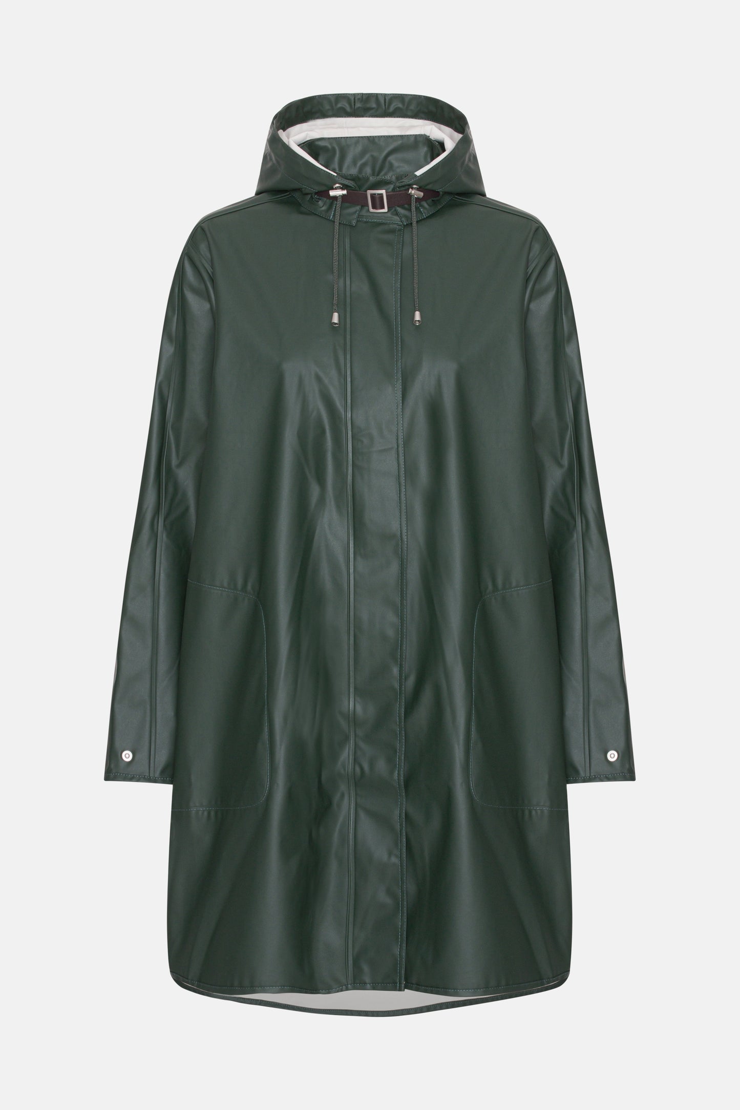 Ilse Jacobsen Rain71 classic A-line raincoat with detachable hood in Beetle deep green.