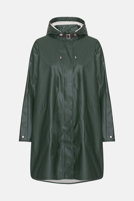 Ilse Jacobsen Rain71 classic A-line raincoat with detachable hood in Beetle deep green.