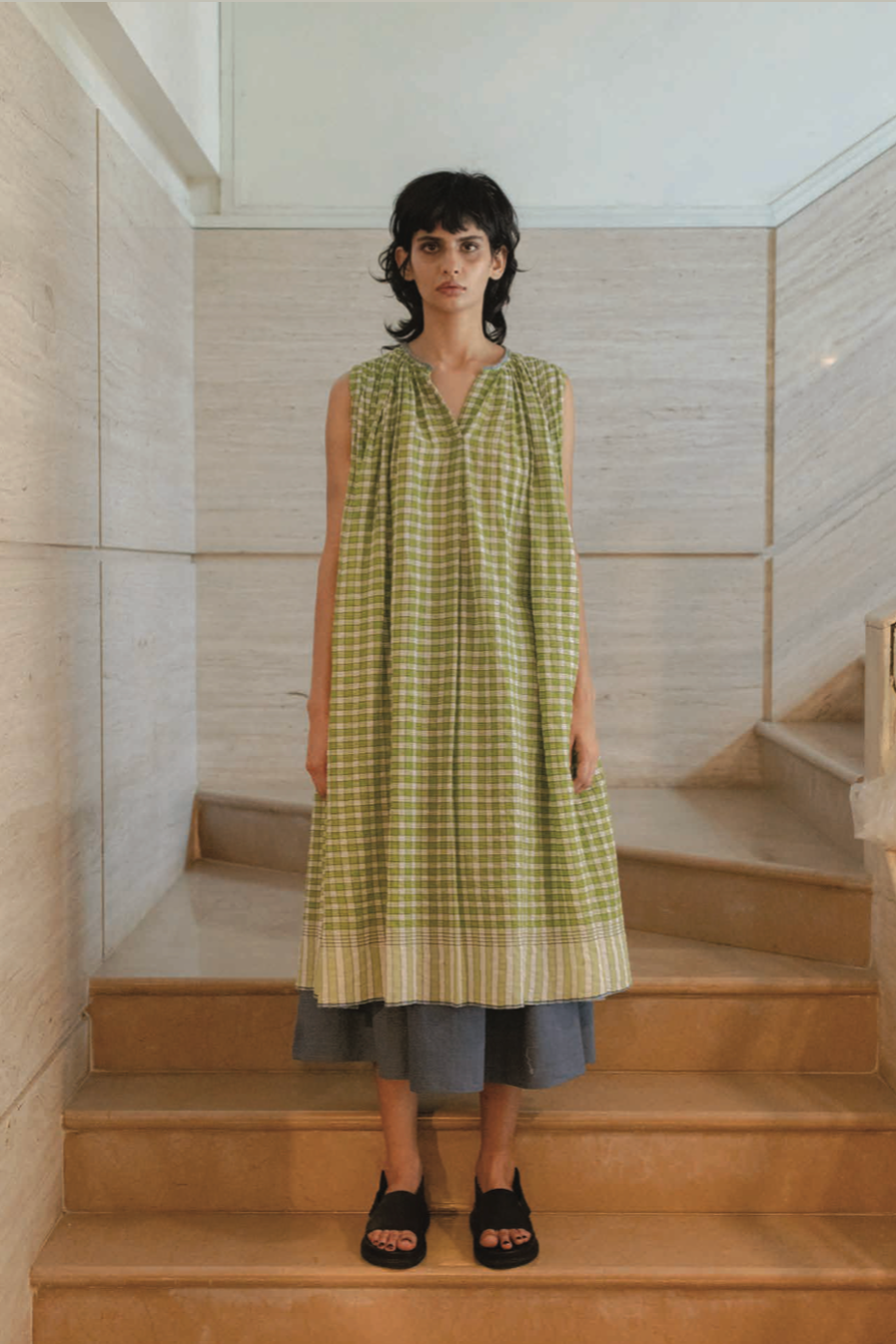 Runaway Bicycle Maria sleeveless button up dress in green check handloom cotton.