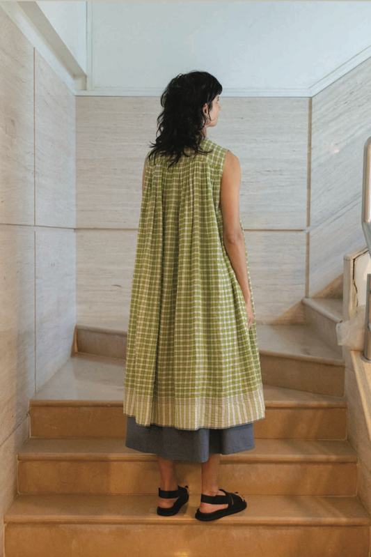 Runaway Bicycle Maria sleeveless button up dress in green check handloom cotton.