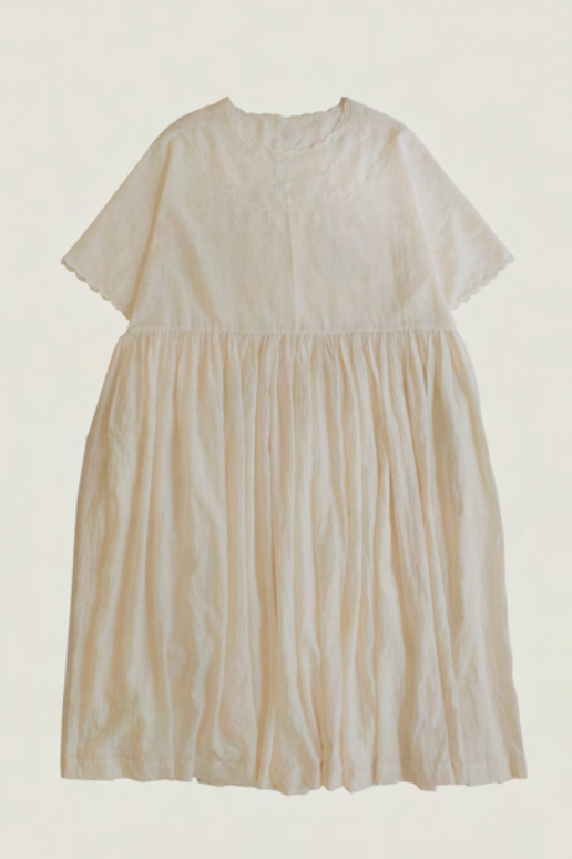 Runaway Bicycle handloom cotton Pipa dress, hand embroidered in natural white.