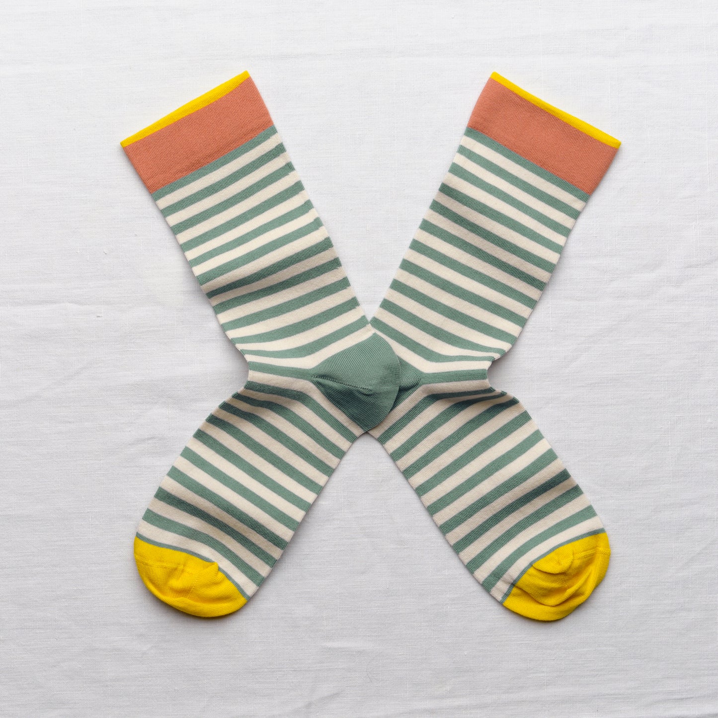 Bonne Maison blue and white stripe socks with yellow toe.