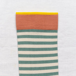 Bonne Maison blue and white stripe socks with yellow toe.