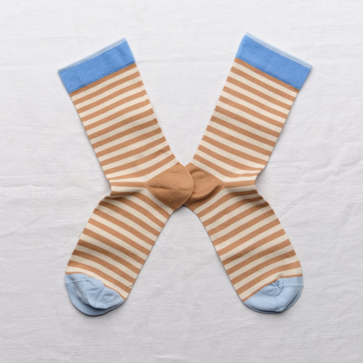 Bonne Maison cotton socks, light caramela and cream stripe with blue edging.