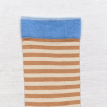Load image into Gallery viewer, Bonne Maison cotton socks, light caramela and cream stripe with blue edging.