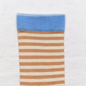 Bonne Maison cotton socks, light caramela and cream stripe with blue edging.