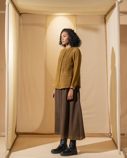 DVE Gargi blouse with pintucked and ruched details in mustard handloom linen.