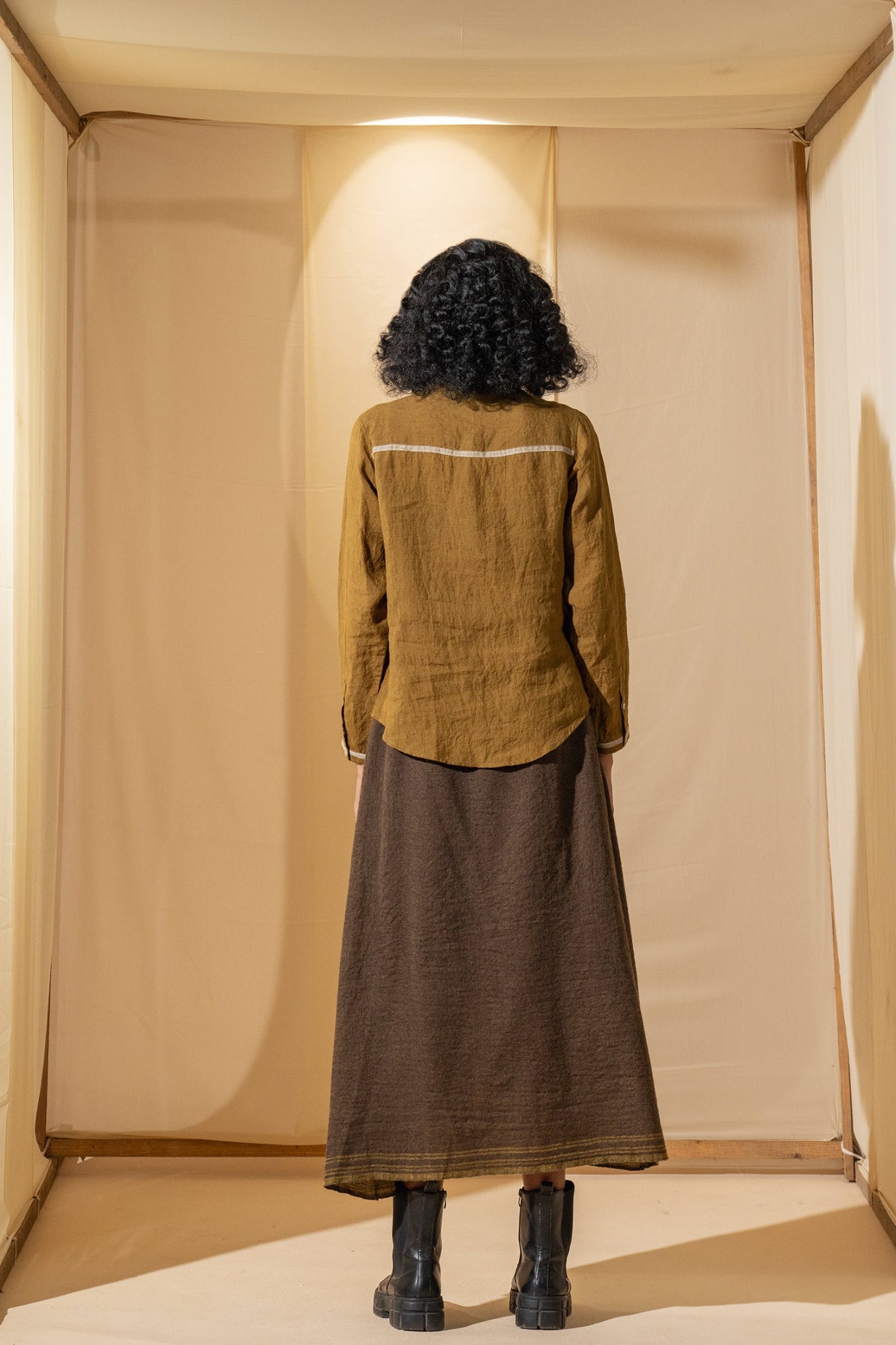 DVE Gargi blouse with pintucked and ruched details in mustard handloom linen.