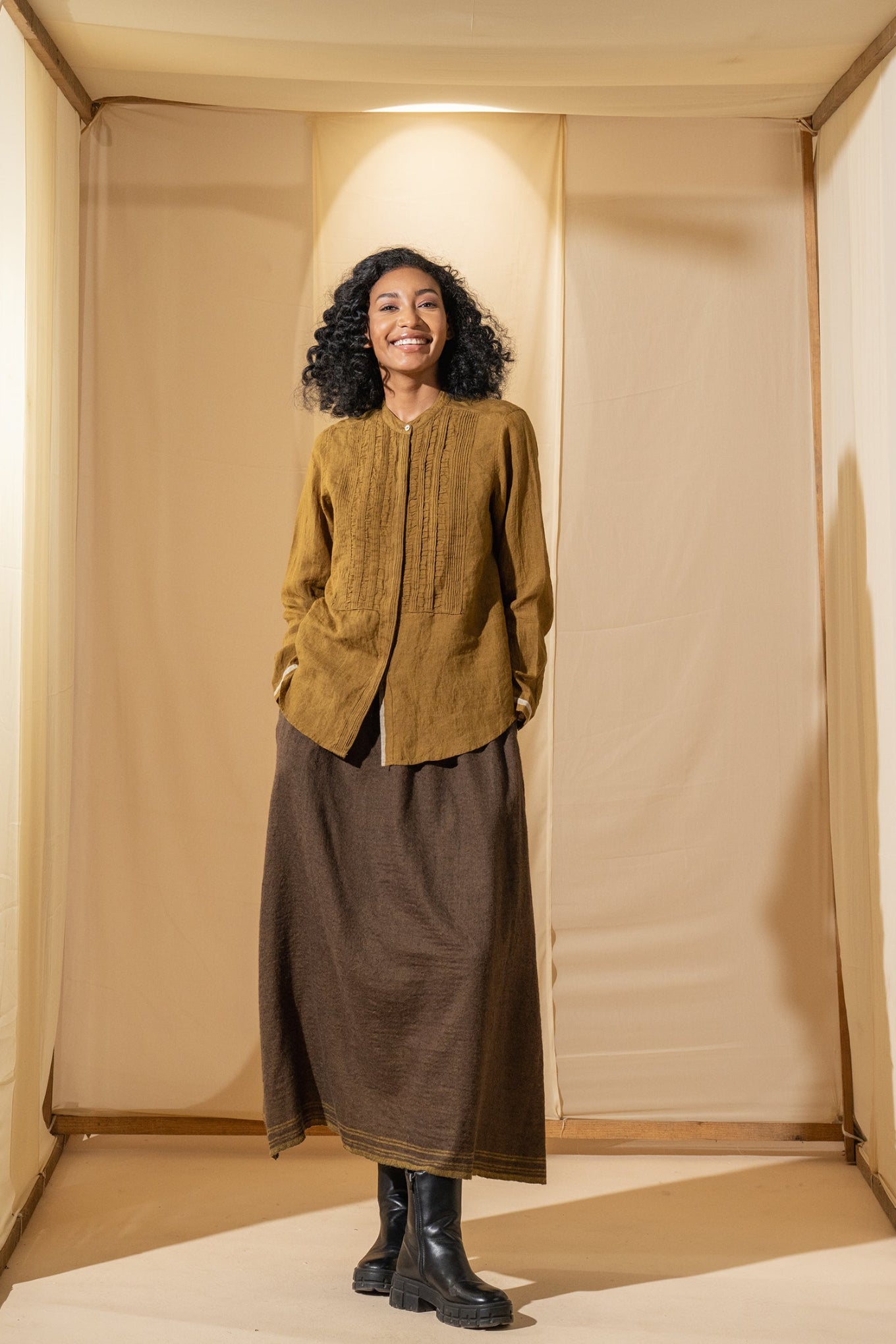 DVE Gargi blouse with pintucked and ruched details in mustard handloom linen.