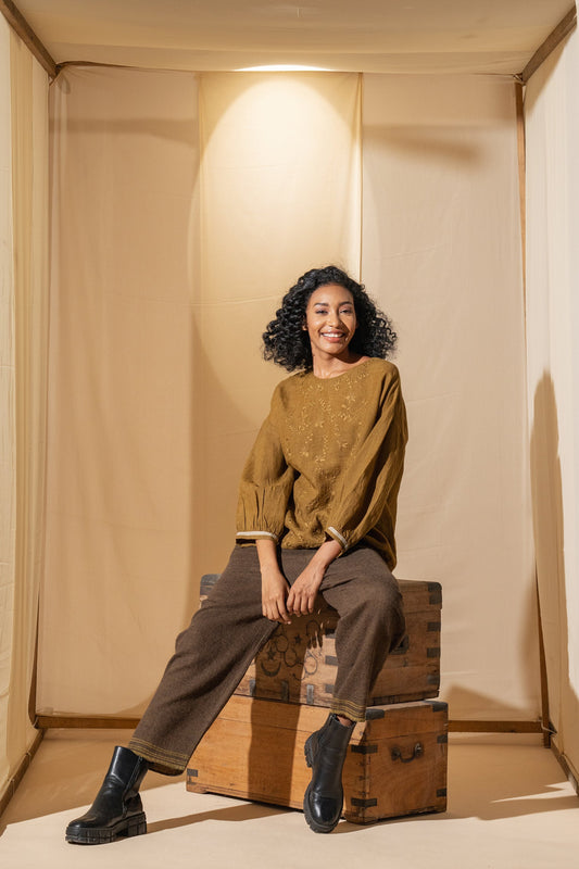 DVE Inaya blouse in embroidered mustard linen.