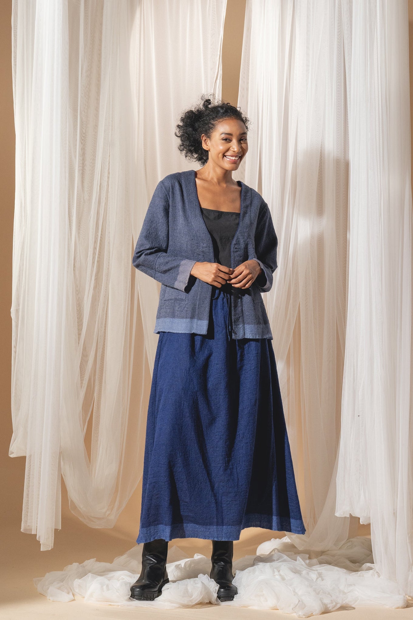 DVE pure wool A-line Lohita skirt in cobalt blue.