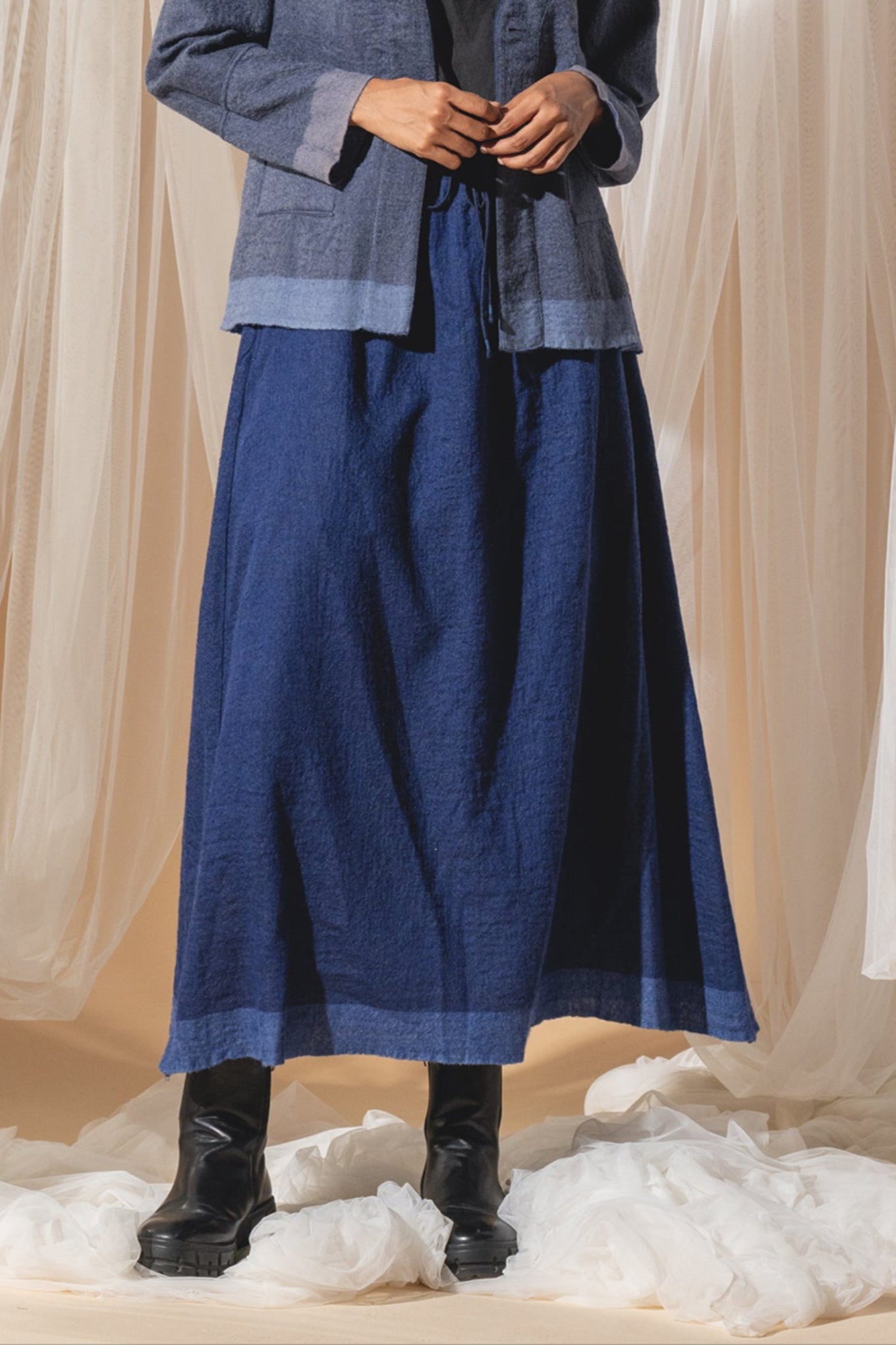 DVE pure wool A-line Lohita skirt in cobalt blue.