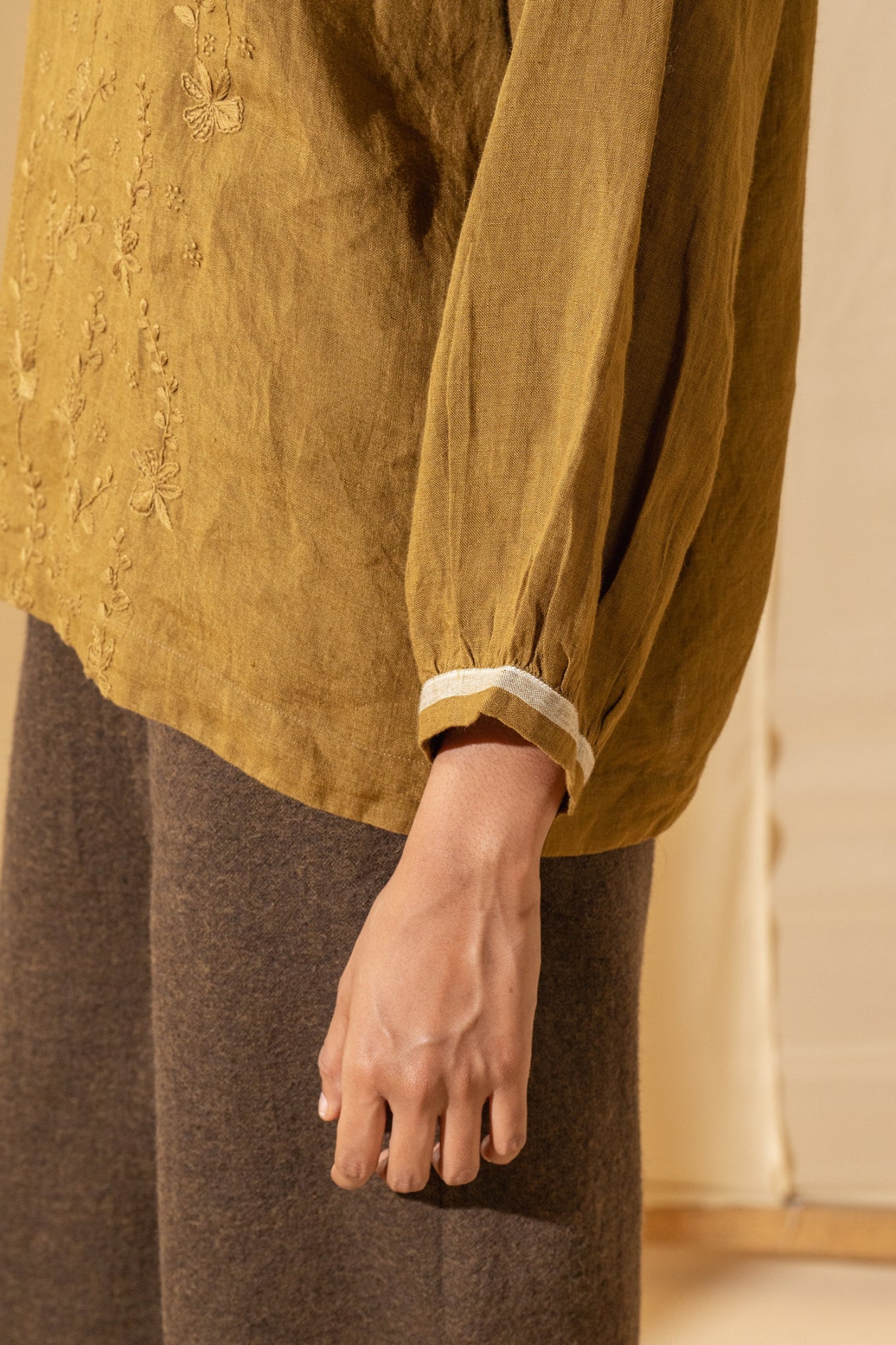 DVE Inaya blouse in embroidered mustard linen.