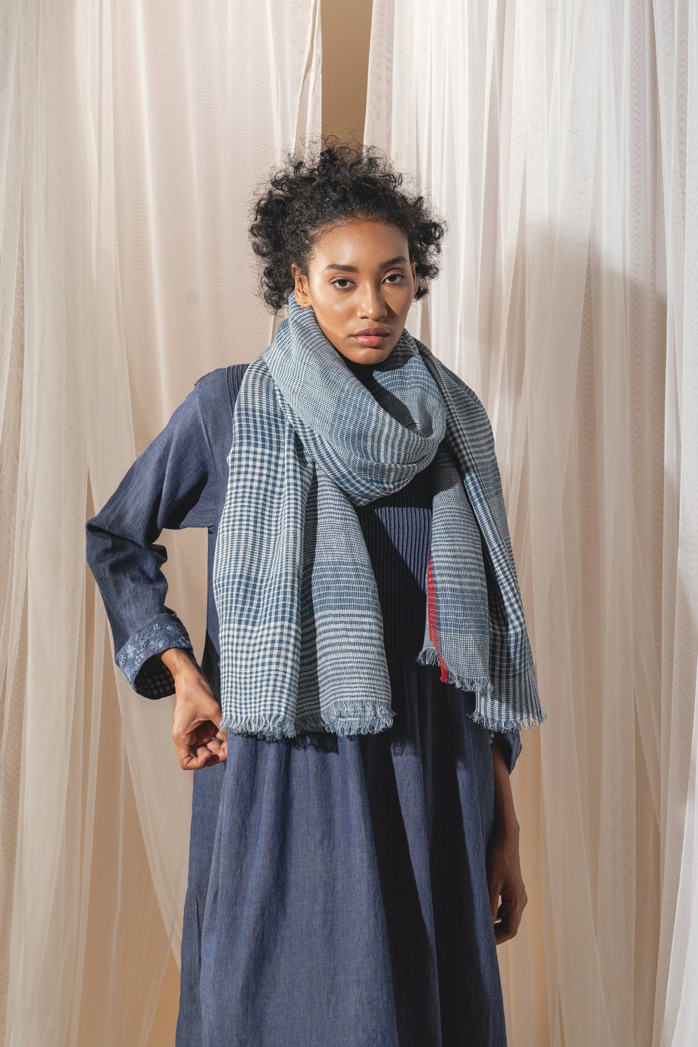 DVE indigo and white plaid linen scarf with red selvedge.