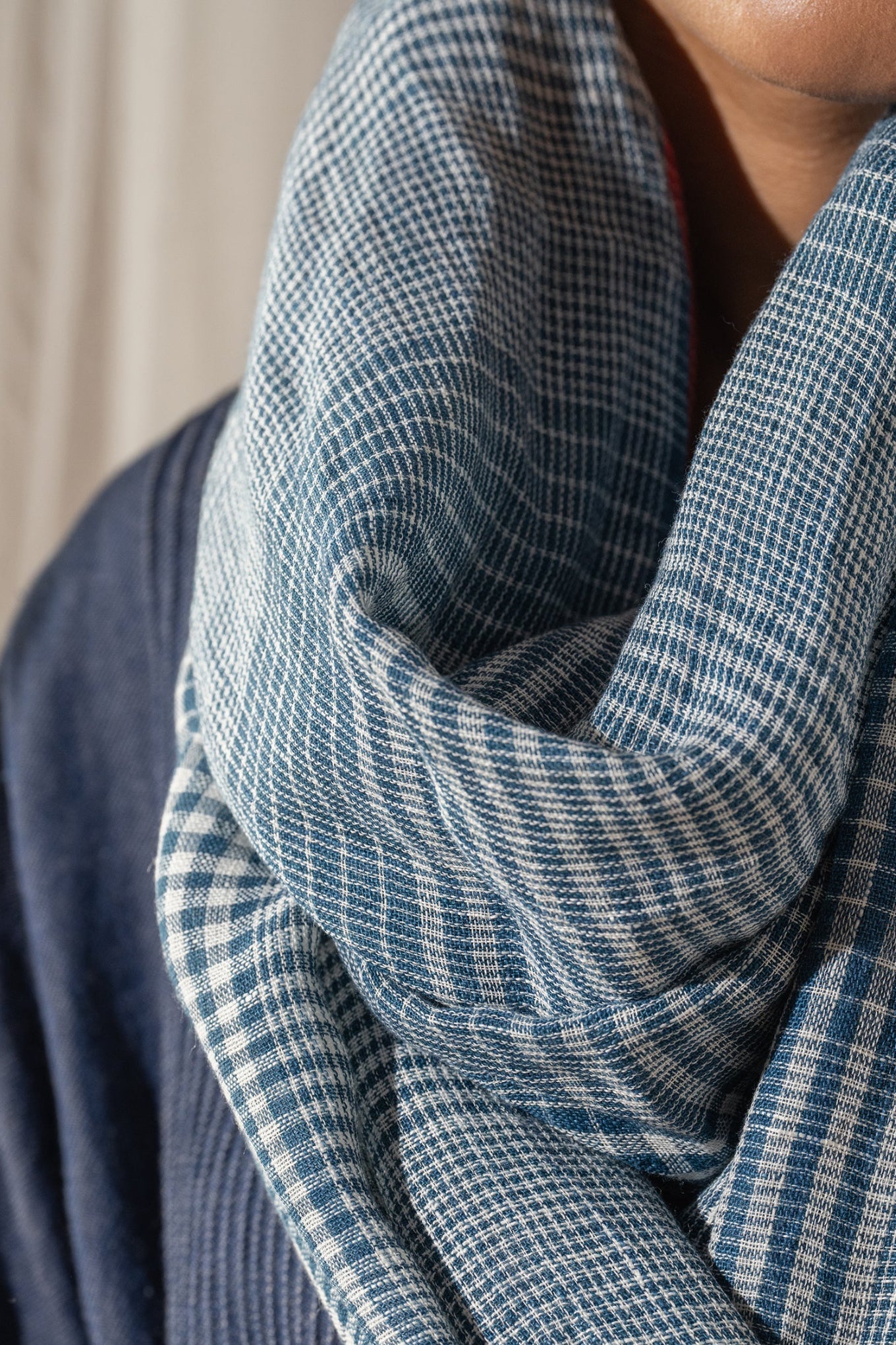 DVE indigo and white plaid linen scarf with red selvedge.