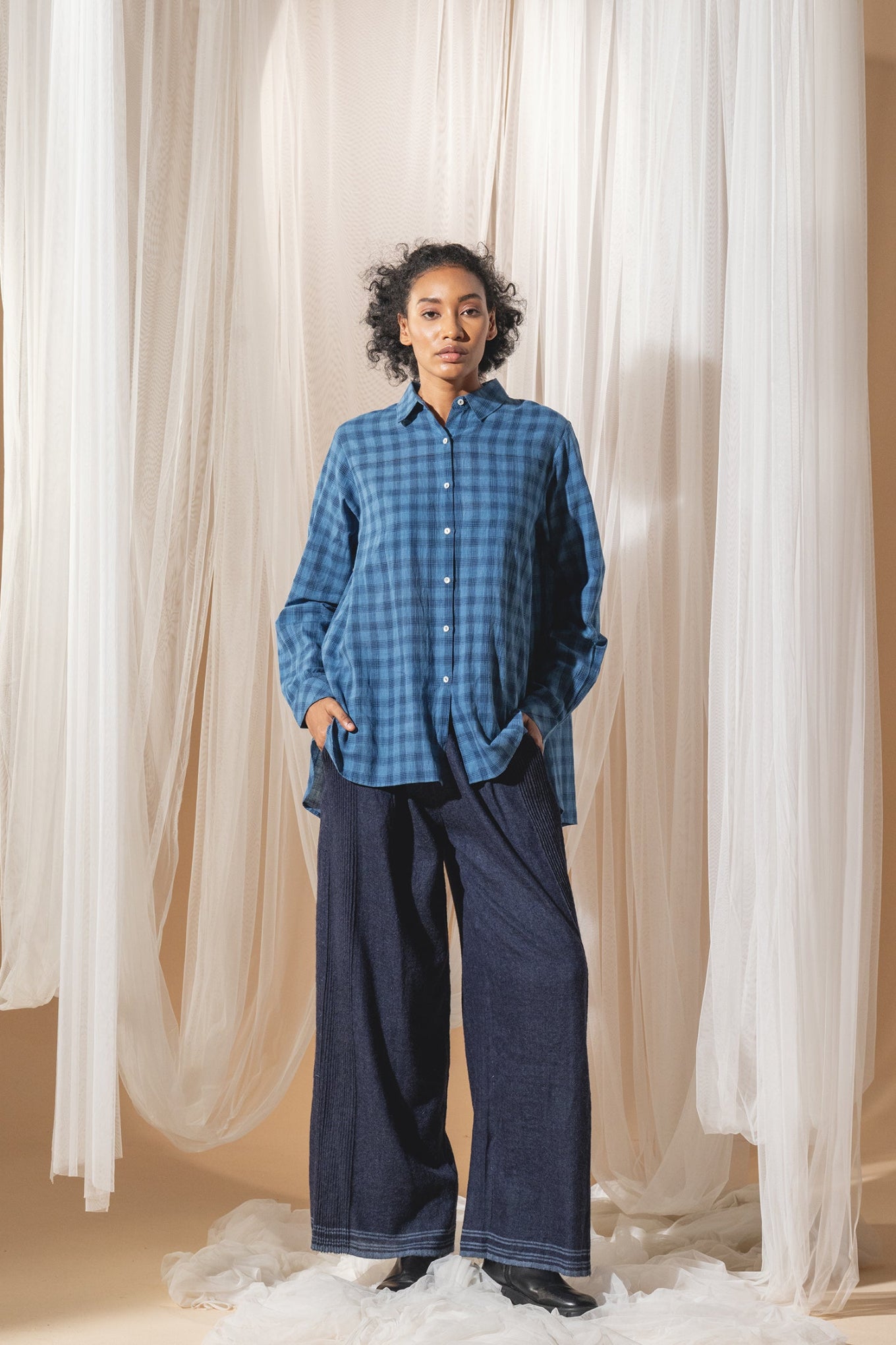 DVE Collection blue check cotton button up Deveshi shirt.
