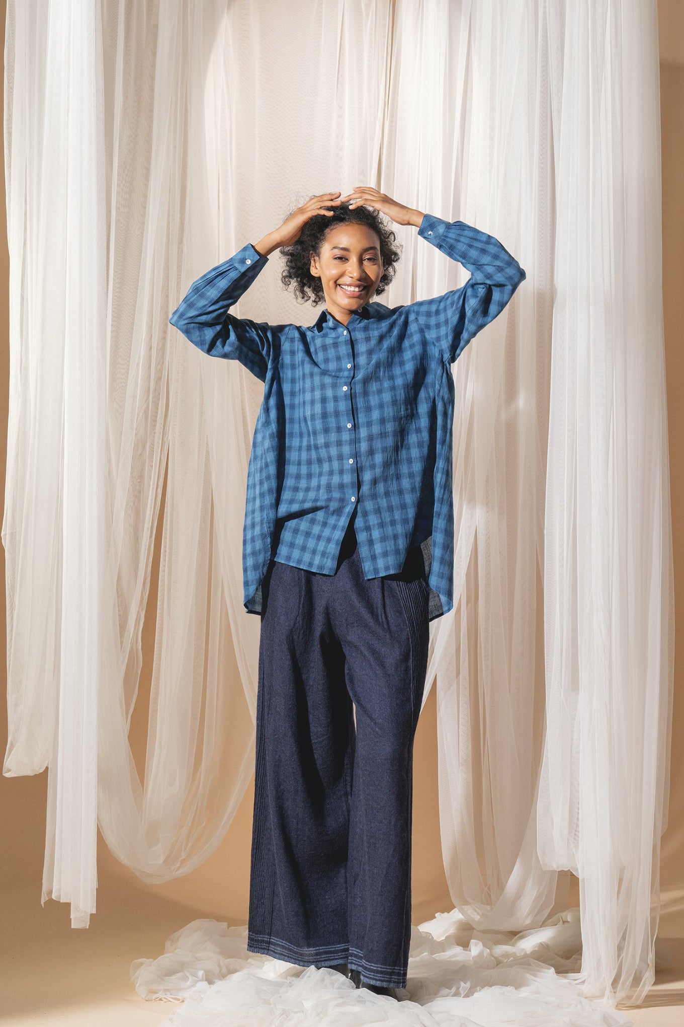 DVE Collection blue check cotton button up Deveshi shirt.