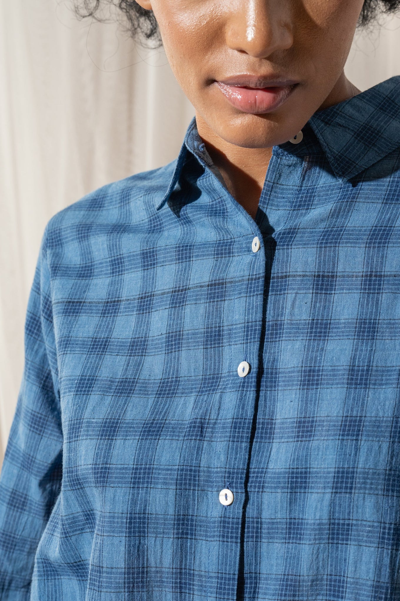 DVE Collection blue check cotton button up Deveshi shirt.