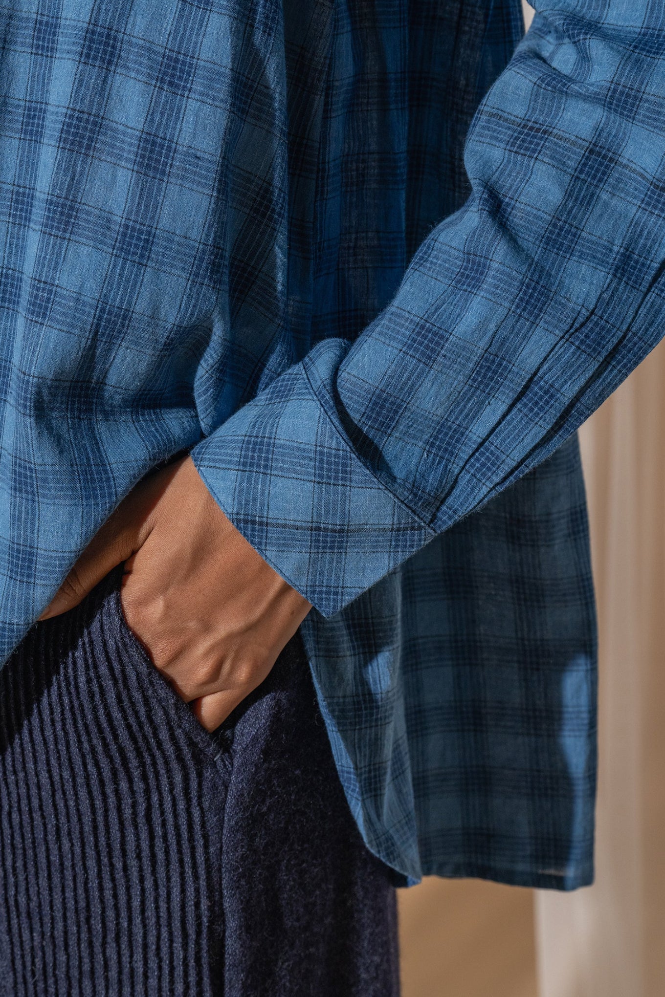 DVE Collection blue check cotton button up Deveshi shirt.