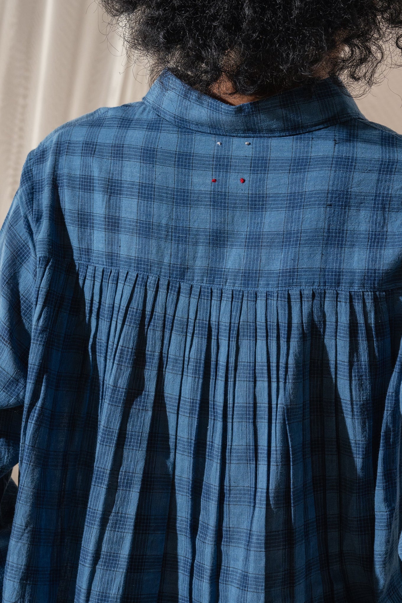 DVE Collection blue check cotton button up Deveshi shirt.