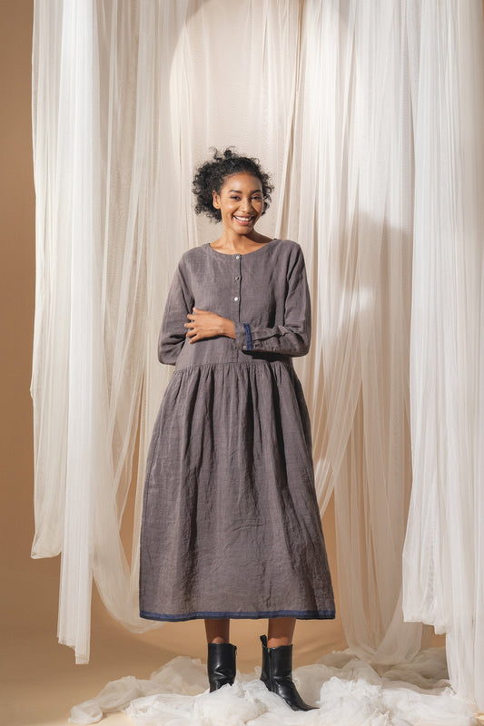 Dve Linen button up gathered skirt Reeva dress in handloom linen in storm grey.