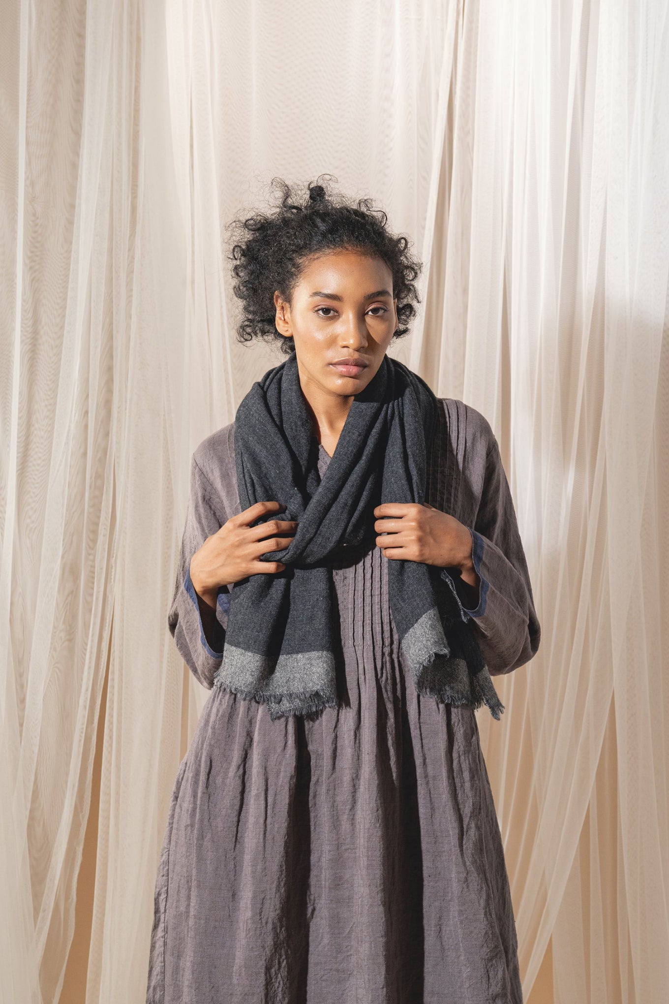 DVE charcoal grey wool scarf.