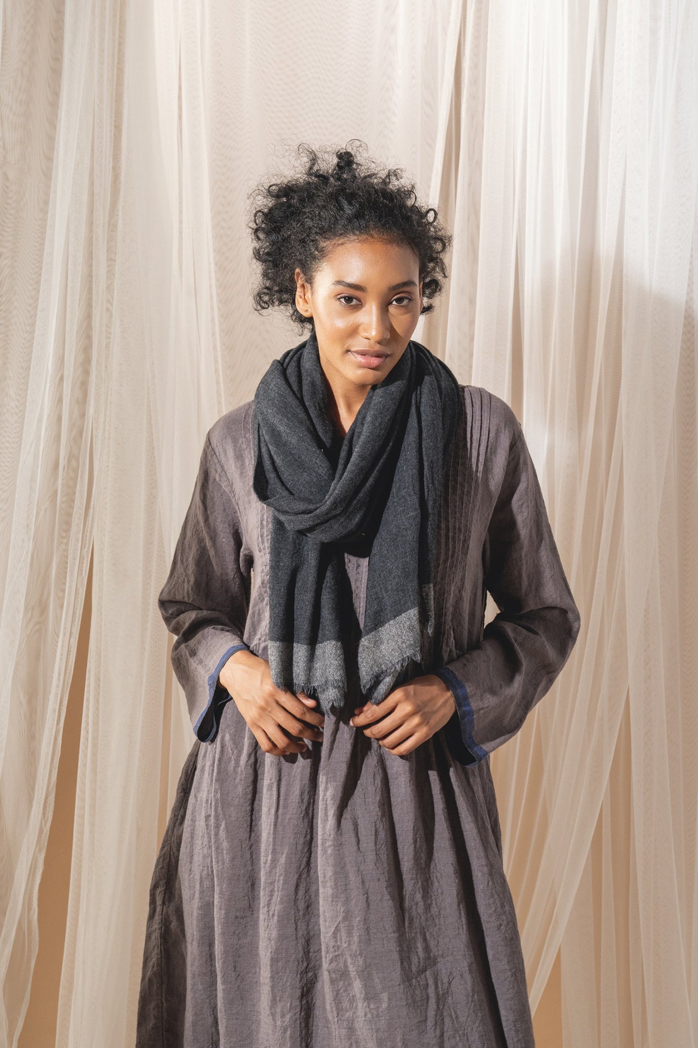 DVE charcoal grey wool scarf.