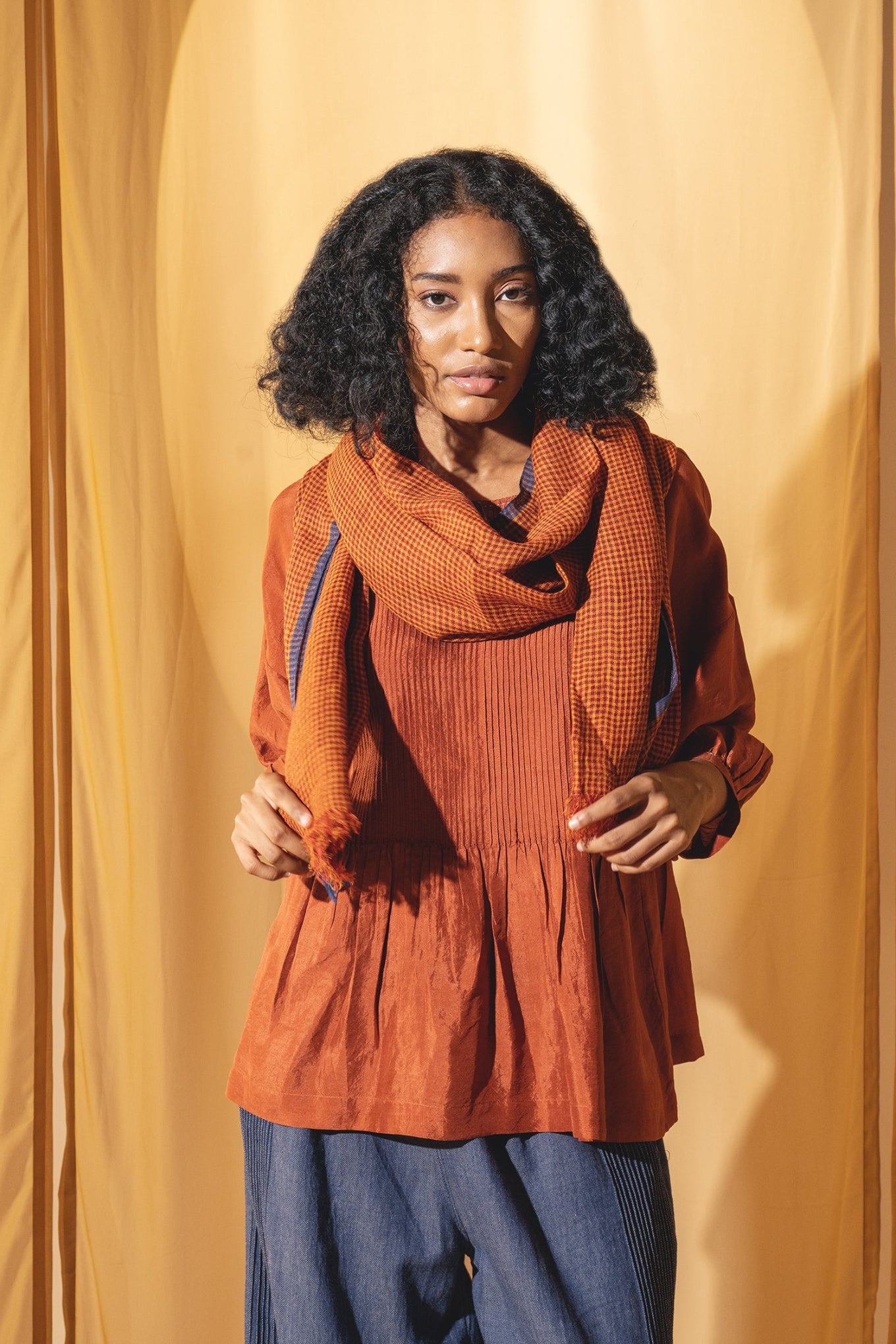 DVE rust gingham linen scarf.