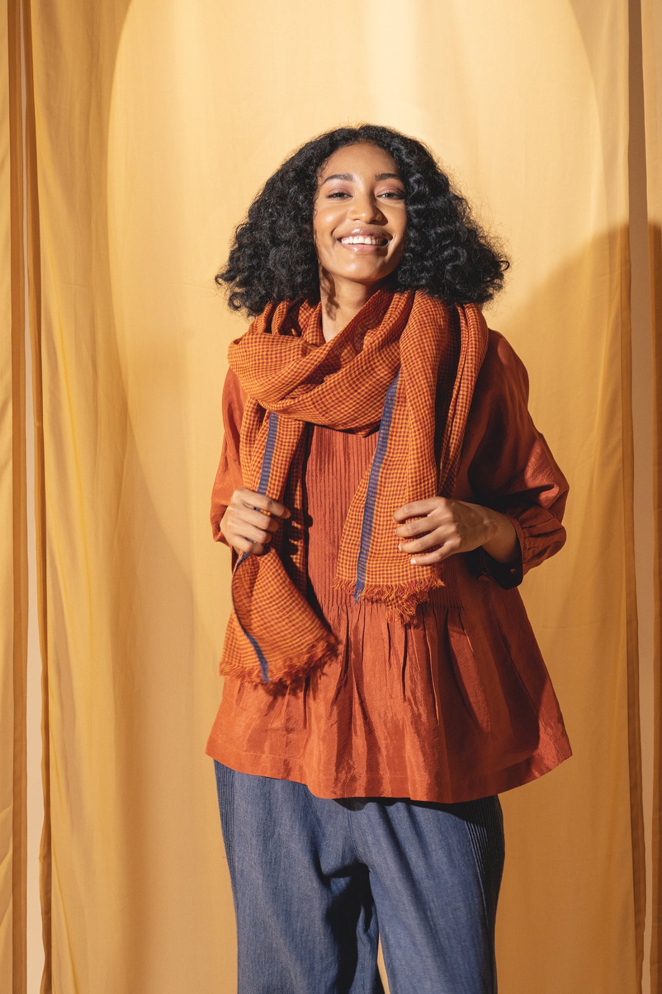 DVE rust gingham linen scarf.