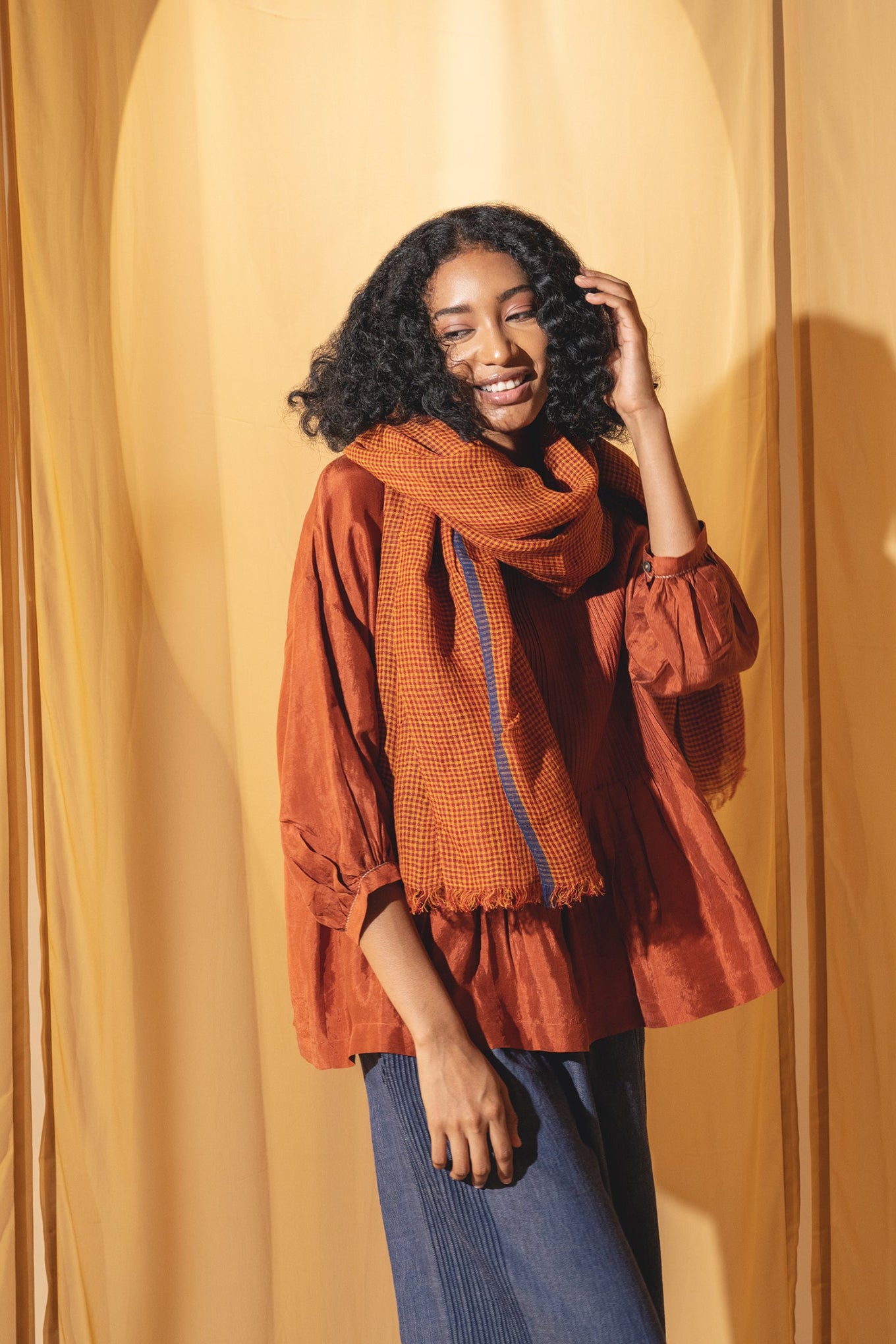 DVE rust gingham linen scarf.