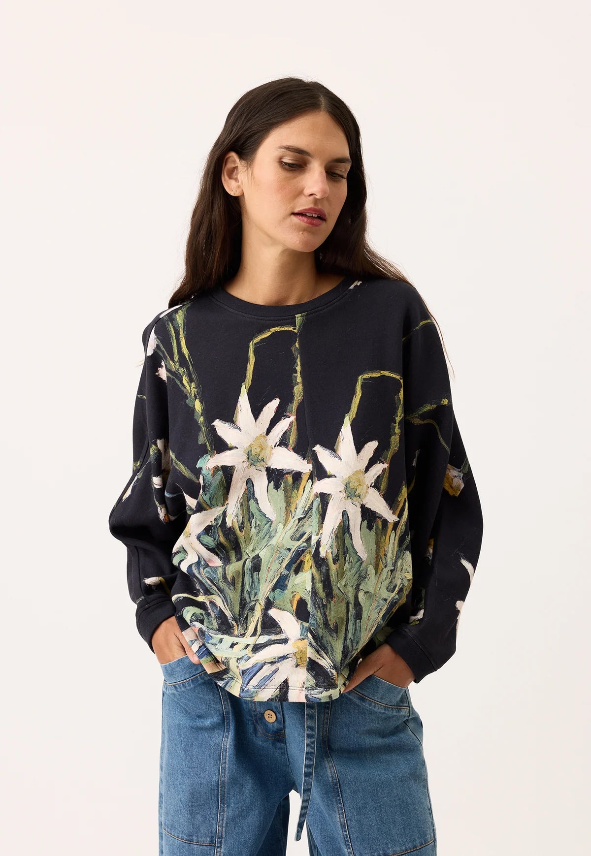 Nancybird cotton knit Dahlia batwing sweat featuring flannel flower artwork.