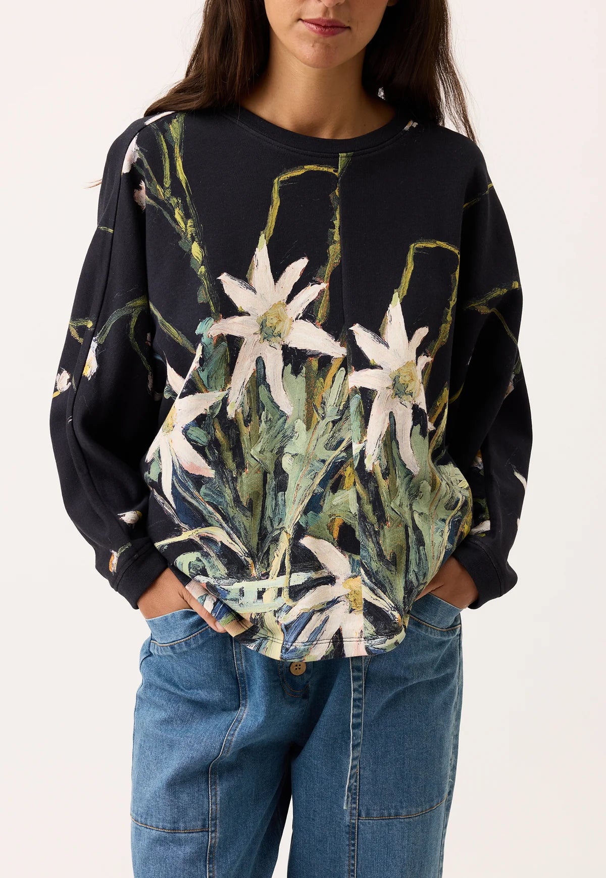 Nancybird cotton knit Dahlia batwing sweat featuring flannel flower artwork.